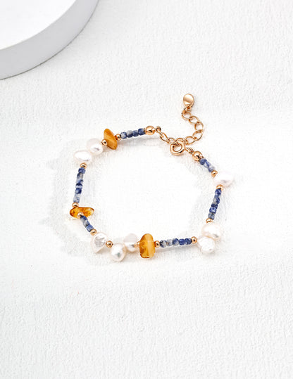 Blue Dot Stone Pearl Bracelet