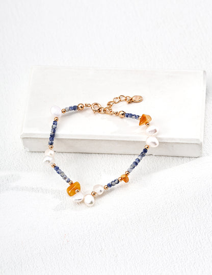 Blue Dot Stone Pearl Bracelet