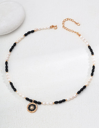 Natural Pearl black Agate Pendant necklace