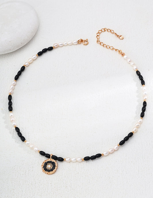 Natural Pearl black Agate Pendant necklace